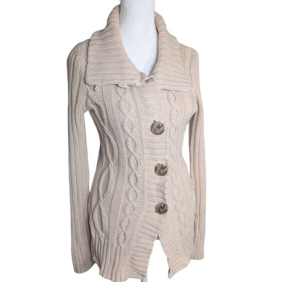 Eddie Bauer Vintage Y2K Beige Cream Chunky Big Collar Cable Knit Cardigan XS - Picture 1 of 5